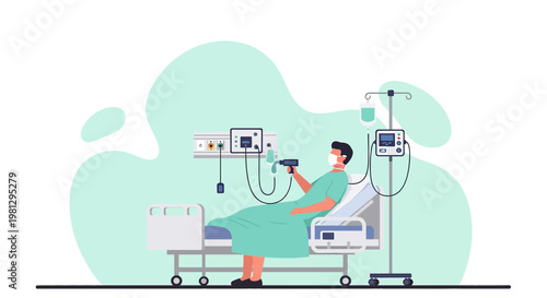 Patient in hospital bed with medical equipment, receiving treatment