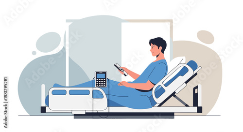 Patient in hospital bed with medical equipment, receiving care