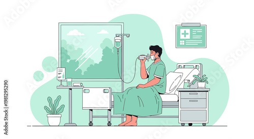 Patient in hospital bed with oxygen mask, receiving medical treatment and care