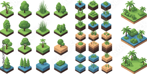 Set of Isometric Nature Tiles with Trees, Plants, Grass, and Terrain Blocks for Game Assets and Landscape Design Themes