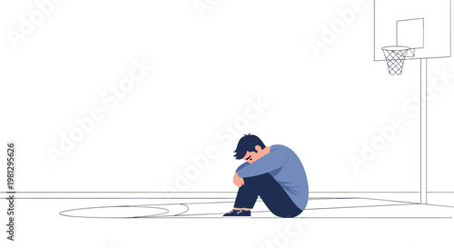 A dejected young man sits alone on the floor of a minimalist basketball court with his head tucked into his knees beneath a tall hoop on a white backdrop.