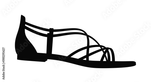 Black and white illustration of a single strappy sandal on a white background