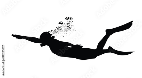 Silhouette of a scuba diver swimming underwater with bubbles rising