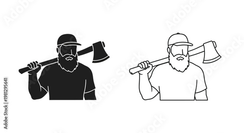 Two depictions of a bearded lumberjack carrying an axe over his shoulder