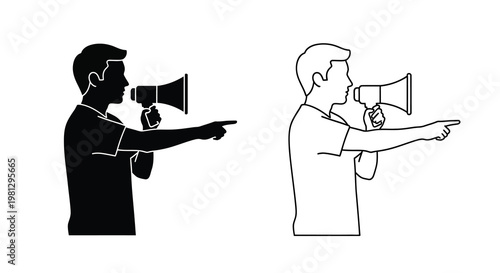 Man speaking into a megaphone shown in two contrasting styles