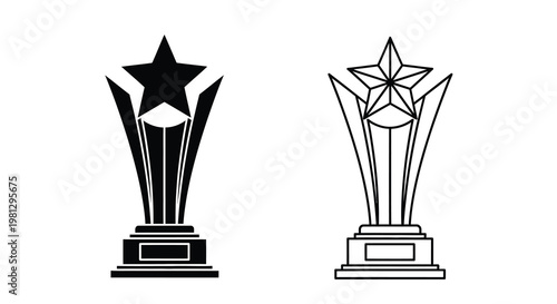 Two black and white star trophies with varying designs are displayed