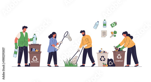 A dedicated group of diverse volunteers works together to sort plastic bottles and organic waste into recycling and compost bins on a white background.