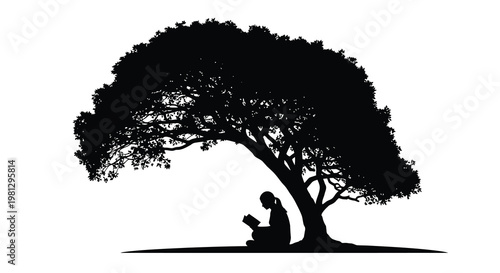 A solitary figure reads a book beneath the sprawling branches of a tree