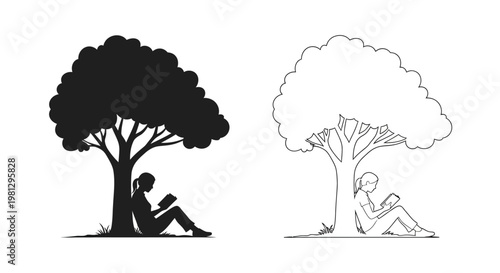 Two trees with figures reading beneath contrasting styles and tones
