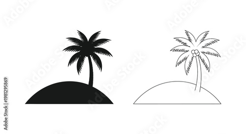 Two tropical island scenes with palm trees in black and white