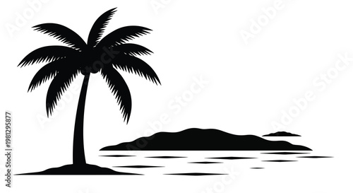 A silhouetted palm tree overlooks a tropical island and ocean waves