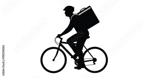 Delivery person on a bicycle silhouetted against a white background