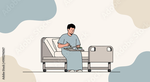 Patient eating meal on hospital bed, recovering after surgery, medical care concept