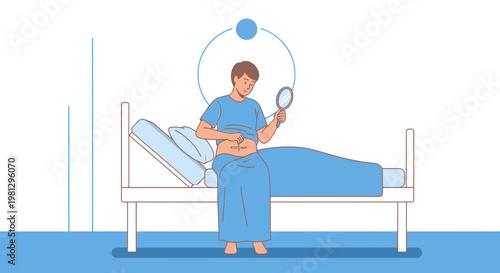 Patient examines surgical scar with magnifying glass in hospital bed