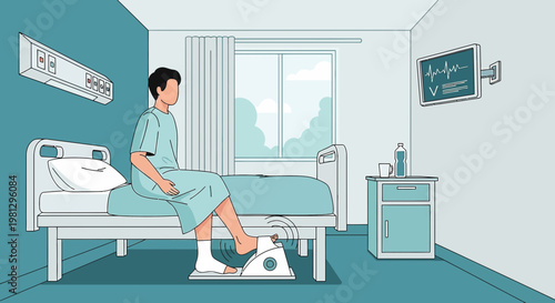 Patient exercising on pedal exerciser in hospital room after surgery