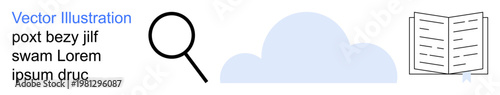 Education, research, cloud storage, online knowledge, data access, digital learning. A magnifying glass, a cloud shape and an open book. Research and education concepts for digital platforms