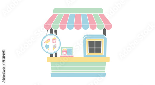A charming pastel-colored food concession stand features a striped awning and a circular menu sign displaying various snacks against a clean white background.