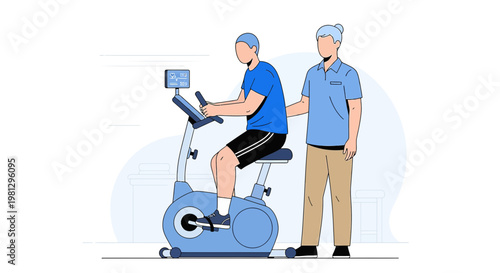 Patient exercises on stationary bike with physical therapist guidance, rehabilitation concept