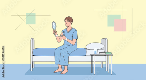 Patient Examining Bandaged Hand in Hospital Room, Focus on Recovery and Self-Care