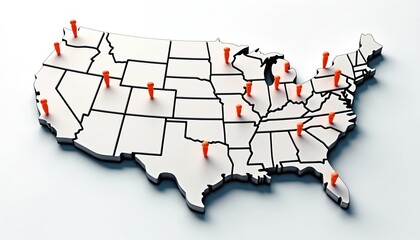 USA map with red pins marking various locations. Visual represents travel destinations across America, key cities, regions. Useful for planning trips understanding US geography.