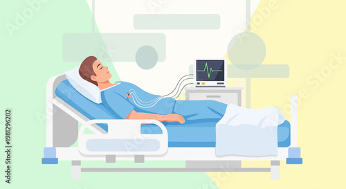 Patient in Hospital Bed with EKG Monitor, Medical Care Concept