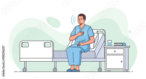 Patient in hospital bed with heart monitor, recovering after surgery, medical technology