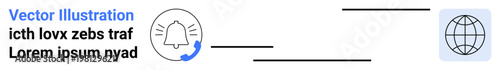 Digital communication, online connectivity, notifications, global alerts, internet systems, worldwide interaction. A notification bell and globe icon connected via a line. Digital communication