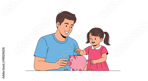 A cheerful father and his young daughter engage in financial education by carefully placing shiny gold coins into a classic pink ceramic piggy bank.