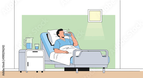 Patient drinking water in hospital bed after surgery, recovery room, medical care