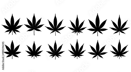 A collection of black cannabis leaves arranged in a grid pattern