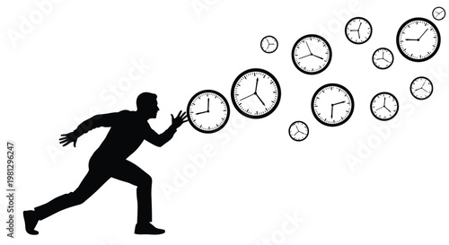 Silhouette of a running businessman chasing many floating clocks in this creative black and white vector illustration