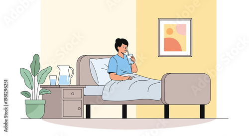 Patient drinking water in hospital bed, recovery, healthcare, medical, illness, treatment, bedside table
