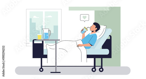 Patient drinking water in hospital bed, recovery after surgery, feeling better