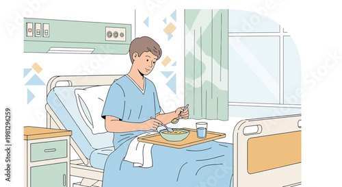 Patient eating meal in hospital bed, recovering after surgery