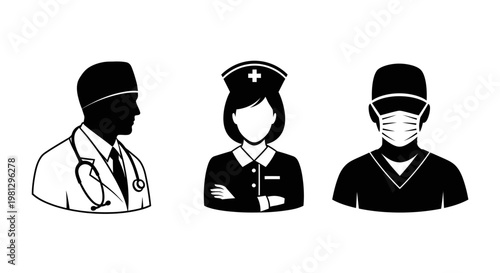 Three medical professionals in silhouette a doctor nurse and masked person