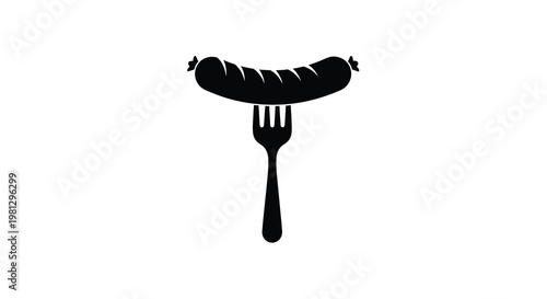 A black silhouette of a sausage on a fork against a white background