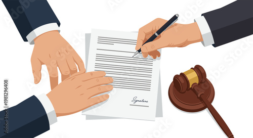 A detailed close-up view captures professional hands in dark suits signing a formal legal document placed next to the traditional wooden judge's gavel.