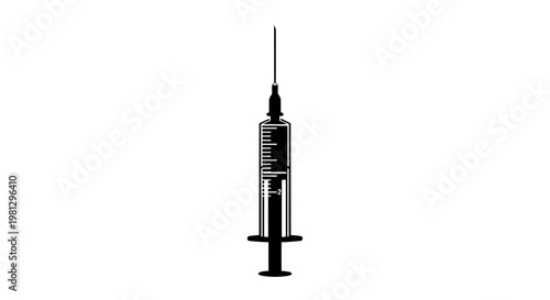 A black silhouette of a medical syringe against a white background