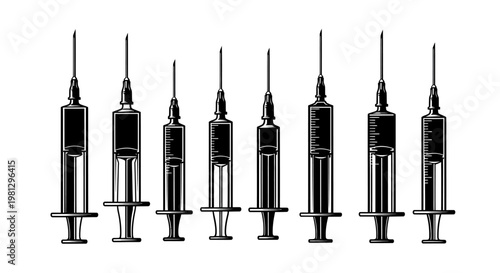 A collection of vintage style medical syringes in a monochrome illustration