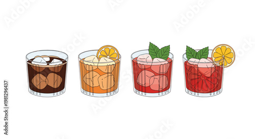 A refreshing set of four diverse cocktails features dark brown, bright orange, and red liquids filled with ice cubes and garnished with fresh citrus.