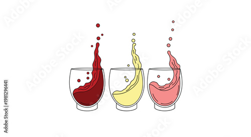 Three stylish wine glasses showcase dynamic splashes of deep red, pale yellow, and soft pink liquids with artistic droplets suspended in mid-air today.