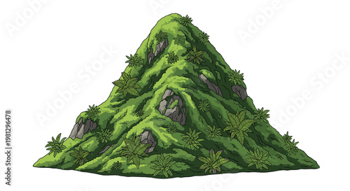 A pristine mountain peak covered in dense green moss and delicate fern plants stands majestically against a plain white background with subtle rock details.