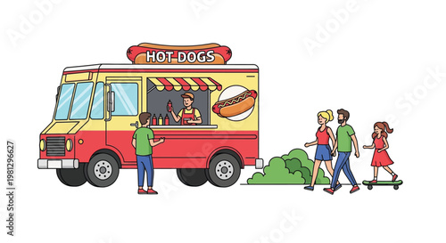 A yellow hot dog food truck serves customers near a park scene