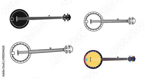 Four depictions of a banjo including outline and colorful versions