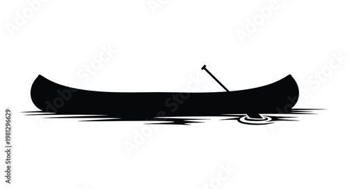 Simple black silhouette of a canoe floating on water with a paddle