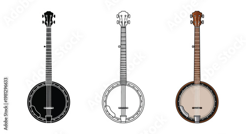 Three banjo illustrations black white outline and colored versions