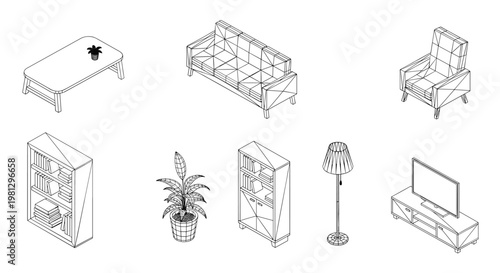 Detailed black wireframe drawings showcase various individual home furniture pieces including a television stand and bookshelf positioned across a plain white background space.