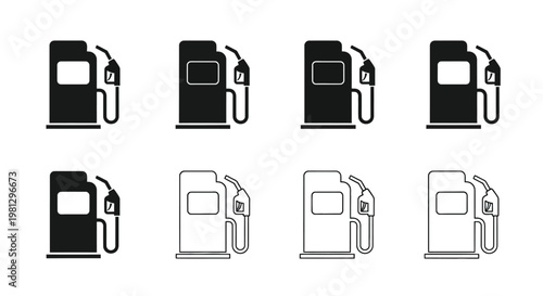 Black and white depictions of gas pumps in various styles and outlines