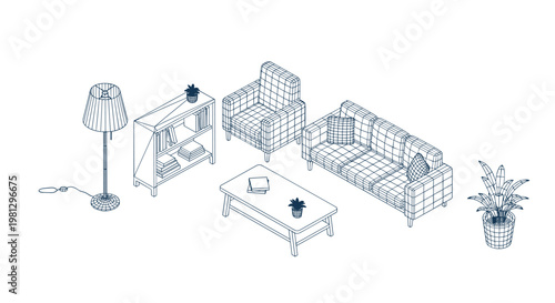 Intricate blue wireframe outlines define a complete living room furniture set featuring a sofa and armchair arranged neatly around a central coffee table.