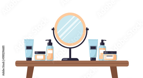A stylish round vanity mirror with a black frame stands elegantly on a wooden table surrounded by various blue and peach cosmetic bottles and glass jars.